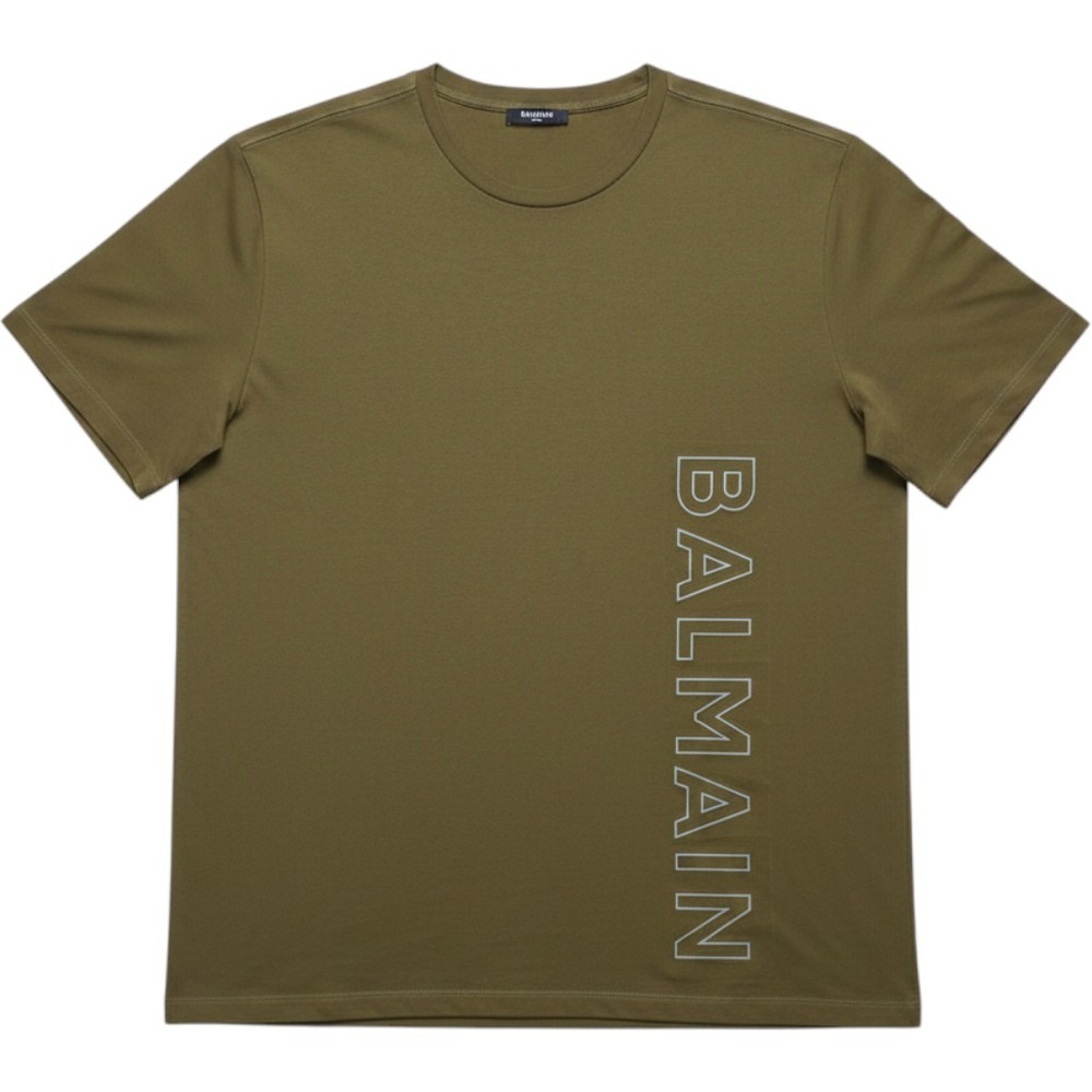 Balmain Paris Mens Vertical Logo T-Shirt Olive Green Short Sleeve Crew Neck L